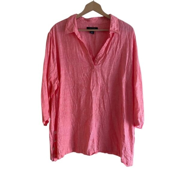 Tahari Popover Tunic Woman 2X Peach 100% Linen Button Sides Coastal Colorful - Picture 1 of 14